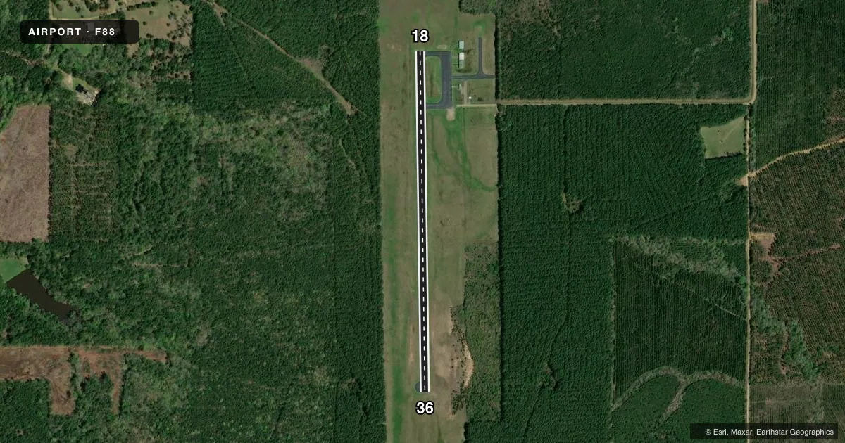 Top-down satellite sketch of F88 JONESBORO in JONESBORO, LOUISIANA, showing runways 18/36 drawn to scale over Esri World Imagery