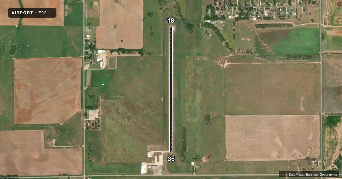 Top-down satellite sketch of F92 KINGFISHER in KINGFISHER, OKLAHOMA, showing runways 18/36 drawn to scale over Esri World Imagery