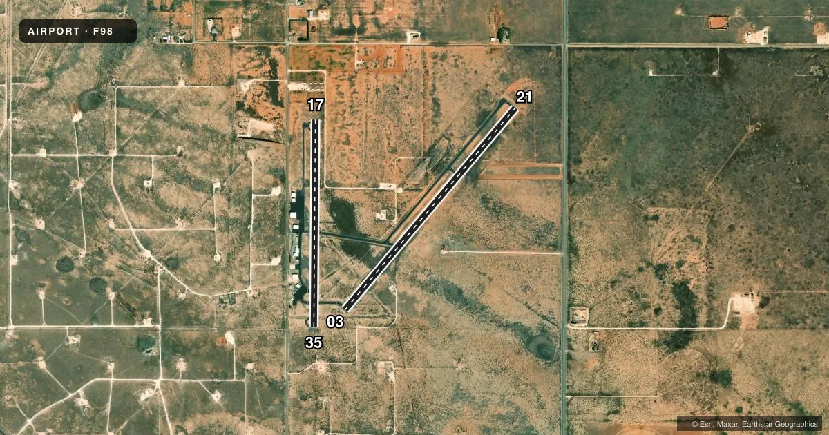 Top-down satellite sketch of F98 YOAKUM COUNTY in PLAINS, TEXAS, showing runways 03/21, 17/35 drawn to scale over Esri World Imagery