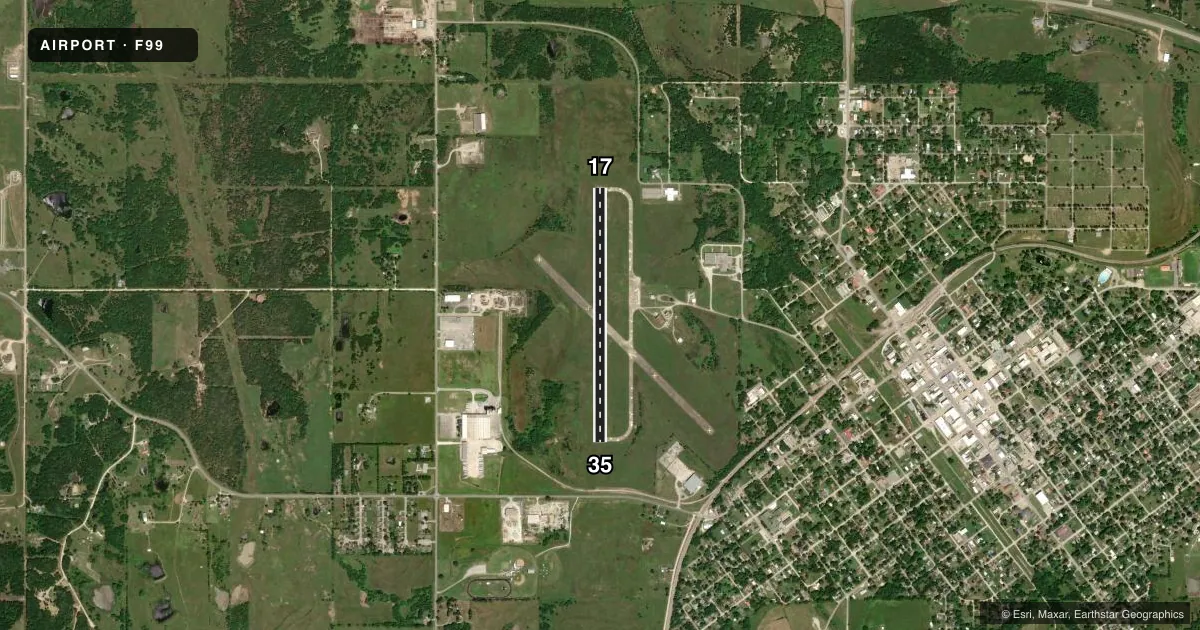 Top-down satellite sketch of F99 HOLDENVILLE MUNI in HOLDENVILLE, OKLAHOMA, showing runways 17/35 drawn to scale over Esri World Imagery