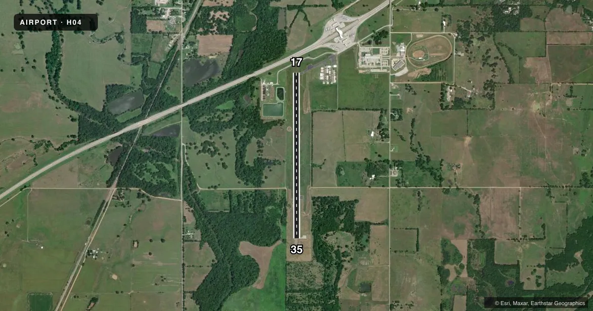 Top-down satellite sketch of H04 VINITA MUNI in VINITA, OKLAHOMA, showing runways 17/35 drawn to scale over Esri World Imagery