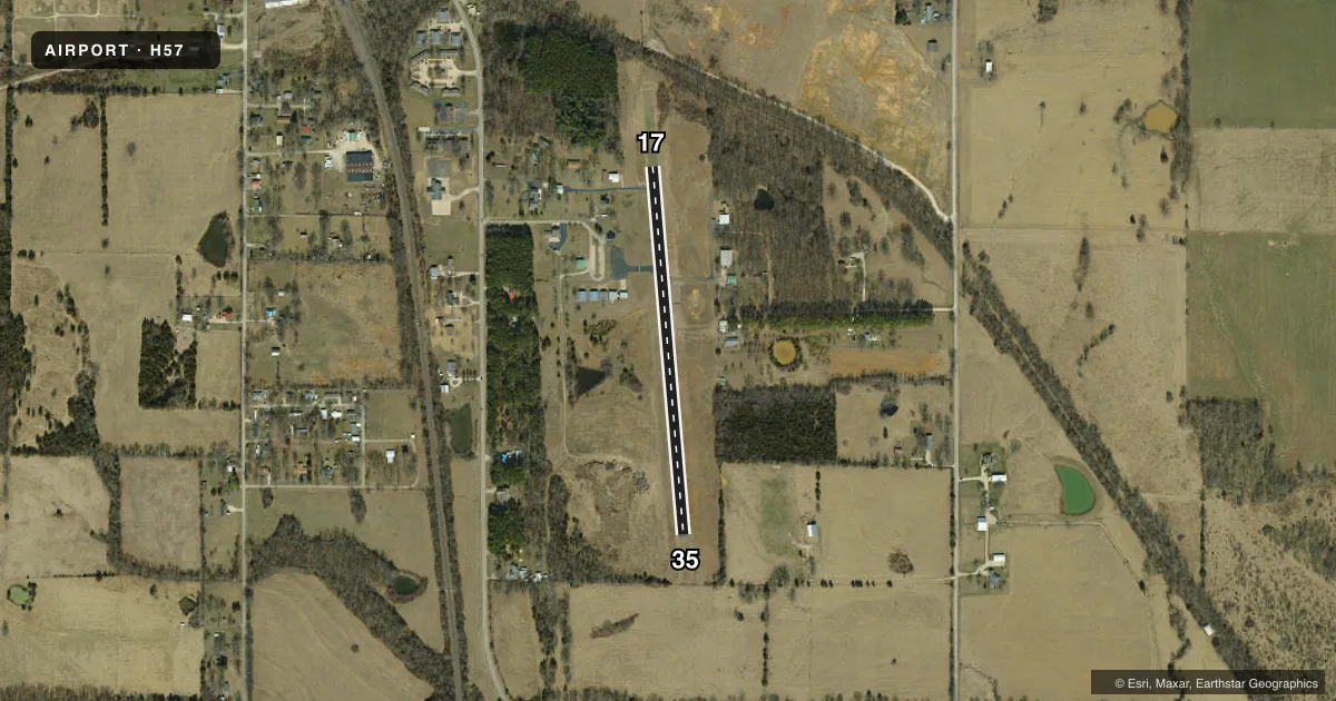 Top-down satellite sketch of H57 BISMARCK MEML in BISMARCK, MISSOURI, showing runways 17/35 drawn to scale over Esri World Imagery