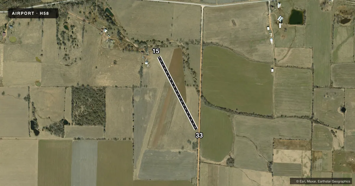 Top-down satellite sketch of H58 OWEN FLD in SEYMOUR, MISSOURI, showing runways 15/33 drawn to scale over Esri World Imagery