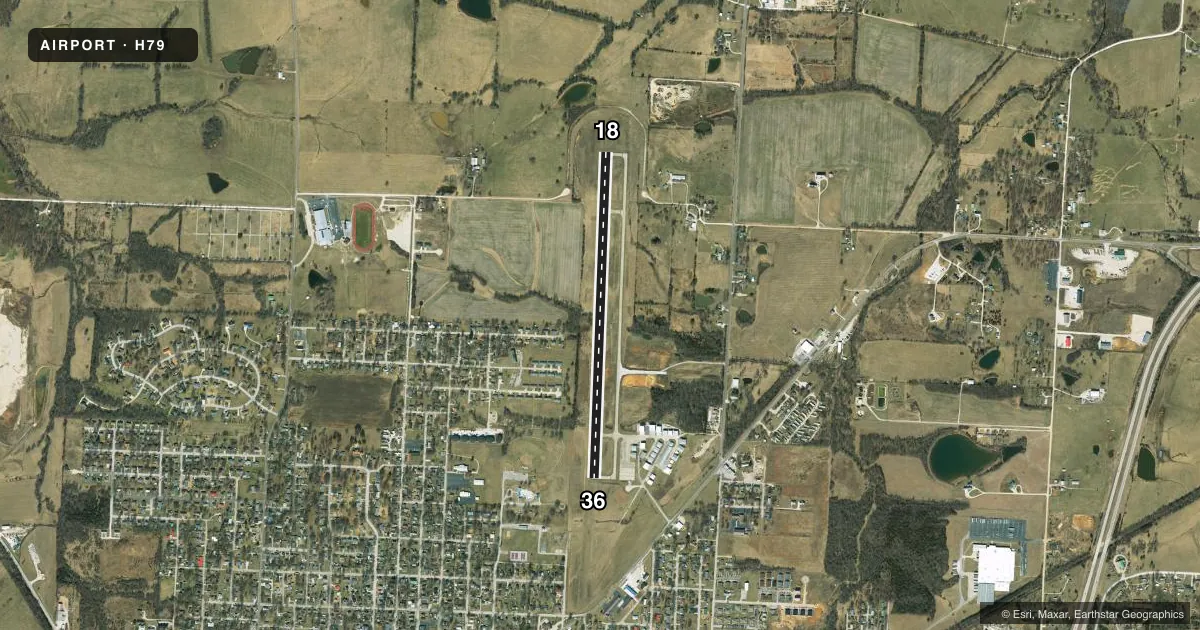 Top-down satellite sketch of H79 ELDON MODEL AIRPARK in ELDON, MISSOURI, showing runways 18/36 drawn to scale over Esri World Imagery