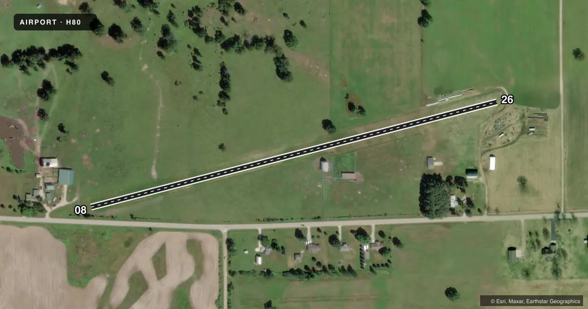 Top-down satellite sketch of H80 FIELD OF DREAMS in HALE, MICHIGAN, showing runways 08/26 drawn to scale over Esri World Imagery