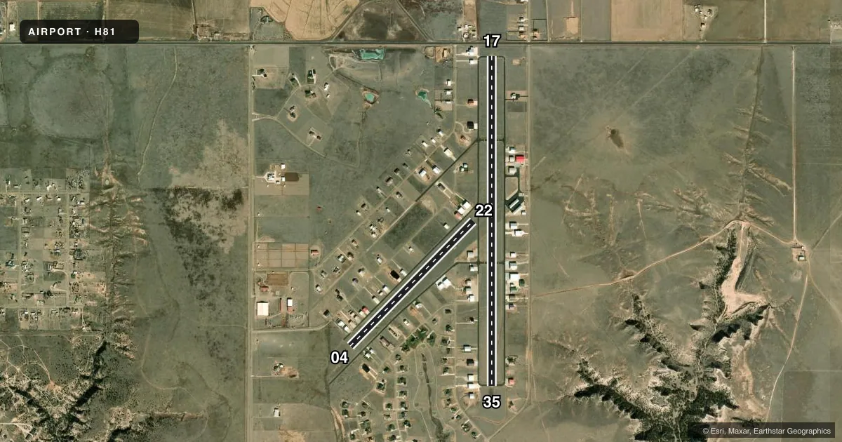 Top-down satellite sketch of H81 RIVER FALLS in AMARILLO, TEXAS, showing runways 17/35, 04/22 drawn to scale over Esri World Imagery