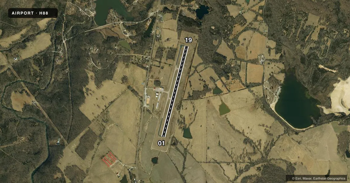 Top-down satellite sketch of H88 A PAUL VANCE FREDERICKTOWN RGNL in FREDERICKTOWN, MISSOURI, showing runways 01/19 drawn to scale over Esri World Imagery