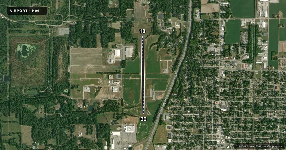 Top-down satellite sketch of H96 BENTON MUNI in BENTON, ILLINOIS, showing runways 18/36 drawn to scale over Esri World Imagery
