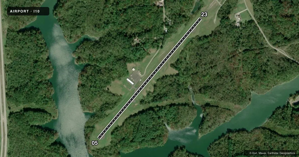 Top-down satellite sketch of I10 NOBLE COUNTY in CALDWELL, OHIO, showing runways 05/23 drawn to scale over Esri World Imagery