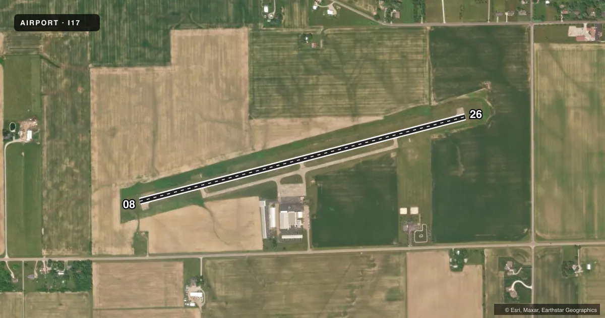 Top-down satellite sketch of I17 PIQUA/HARTZELL FLD in PIQUA, OHIO, showing runways 08/26 drawn to scale over Esri World Imagery