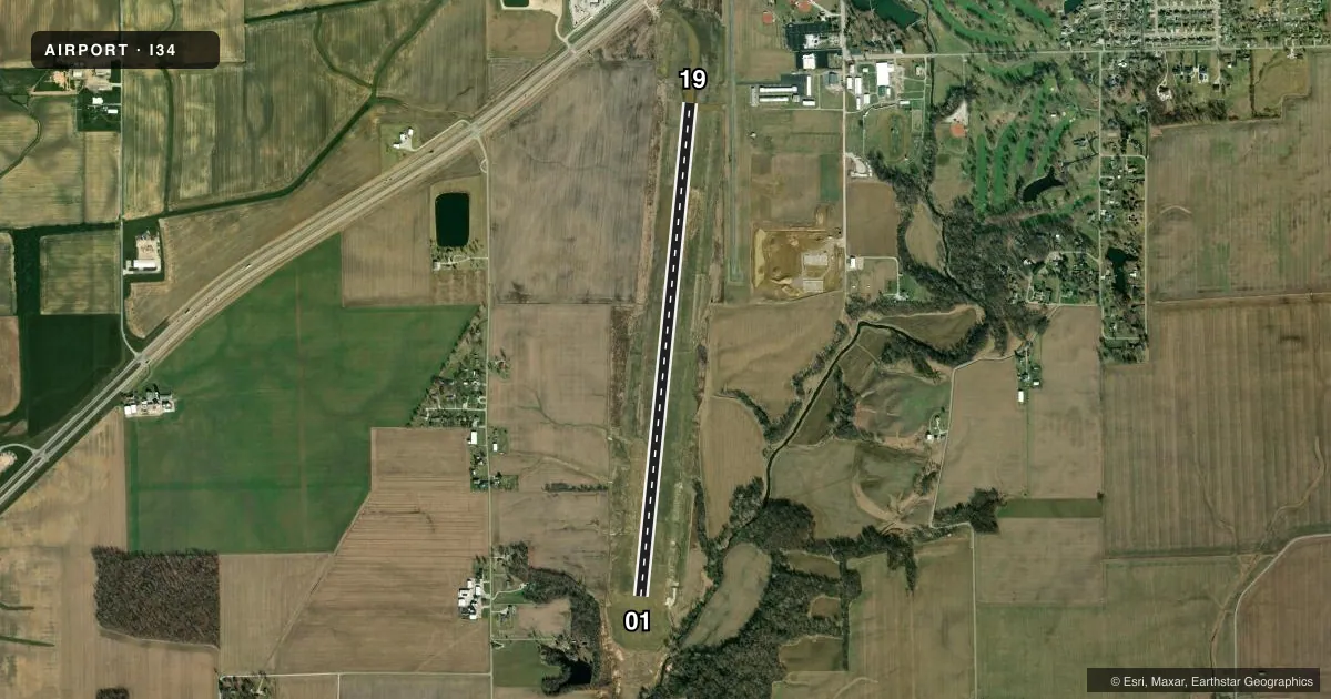 Top-down satellite sketch of I34 GREENSBURG MUNI in GREENSBURG, INDIANA, showing runways 01/19 drawn to scale over Esri World Imagery