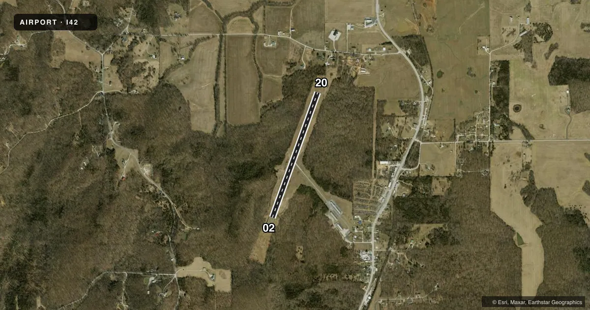 Top-down satellite sketch of I42 PAOLI MUNI in PAOLI, INDIANA, showing runways 02/20 drawn to scale over Esri World Imagery