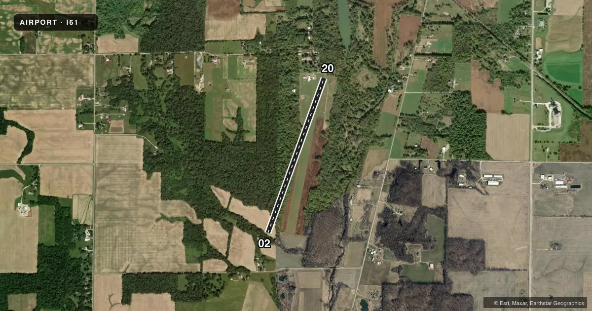 Top-down satellite sketch of I61 HAGERSTOWN in HAGERSTOWN, INDIANA, showing runways 02/20 drawn to scale over Esri World Imagery