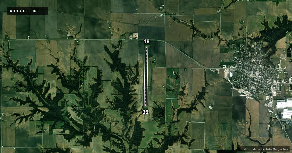 Top-down satellite sketch of I63 MOUNT STERLING MUNI in MOUNT STERLING, ILLINOIS, showing runways 18/36 drawn to scale over Esri World Imagery