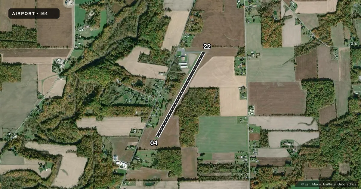 Top-down satellite sketch of I64 ORTNER in WAKEMAN, OHIO, showing runways 04/22 drawn to scale over Esri World Imagery