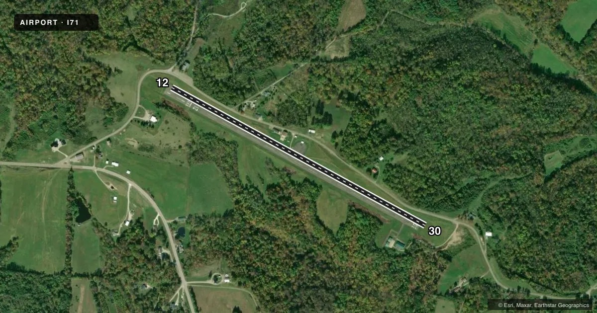 Top-down satellite sketch of I71 MORGAN COUNTY in MC CONNELSVILLE, OHIO, showing runways 12/30 drawn to scale over Esri World Imagery