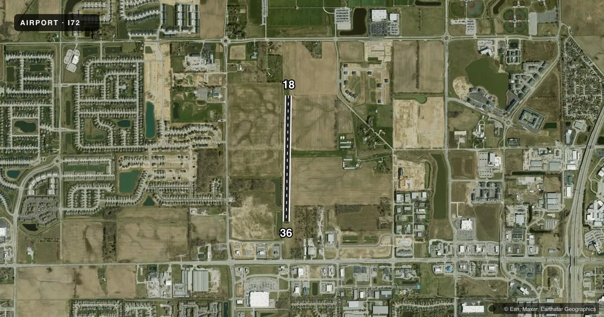 Top-down satellite sketch of I72 WESTFIELD in WESTFIELD, INDIANA, showing runways 18/36 drawn to scale over Esri World Imagery