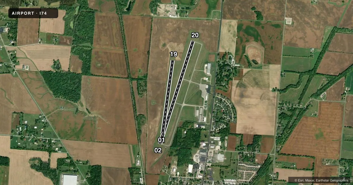 Top-down satellite sketch of I74 GRIMES FLD in URBANA, OHIO, showing runways 02/20, 01/19 drawn to scale over Esri World Imagery