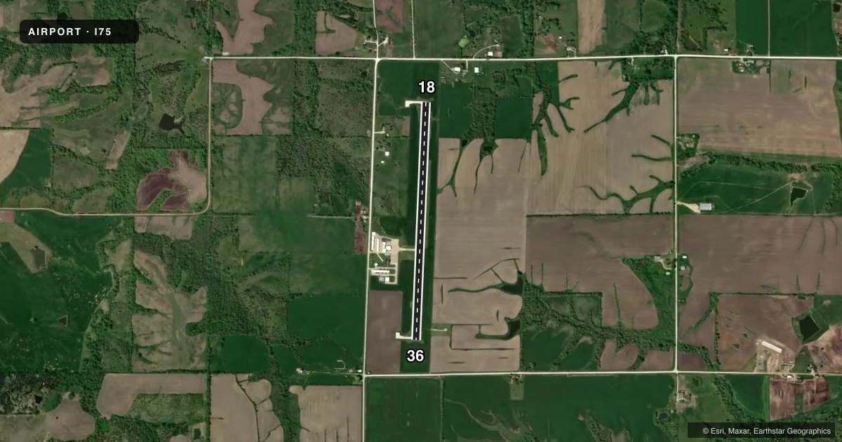 Top-down satellite sketch of I75 OSCEOLA MUNI in OSCEOLA, IOWA, showing runways 18/36 drawn to scale over Esri World Imagery