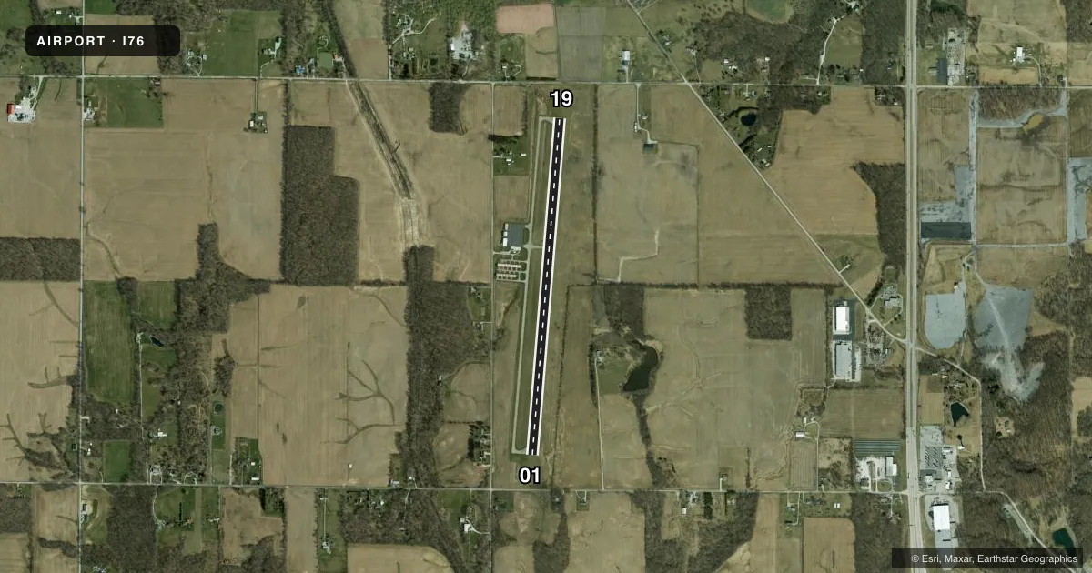 Top-down satellite sketch of I76 PERU MUNI in PERU, INDIANA, showing runways 01/19 drawn to scale over Esri World Imagery