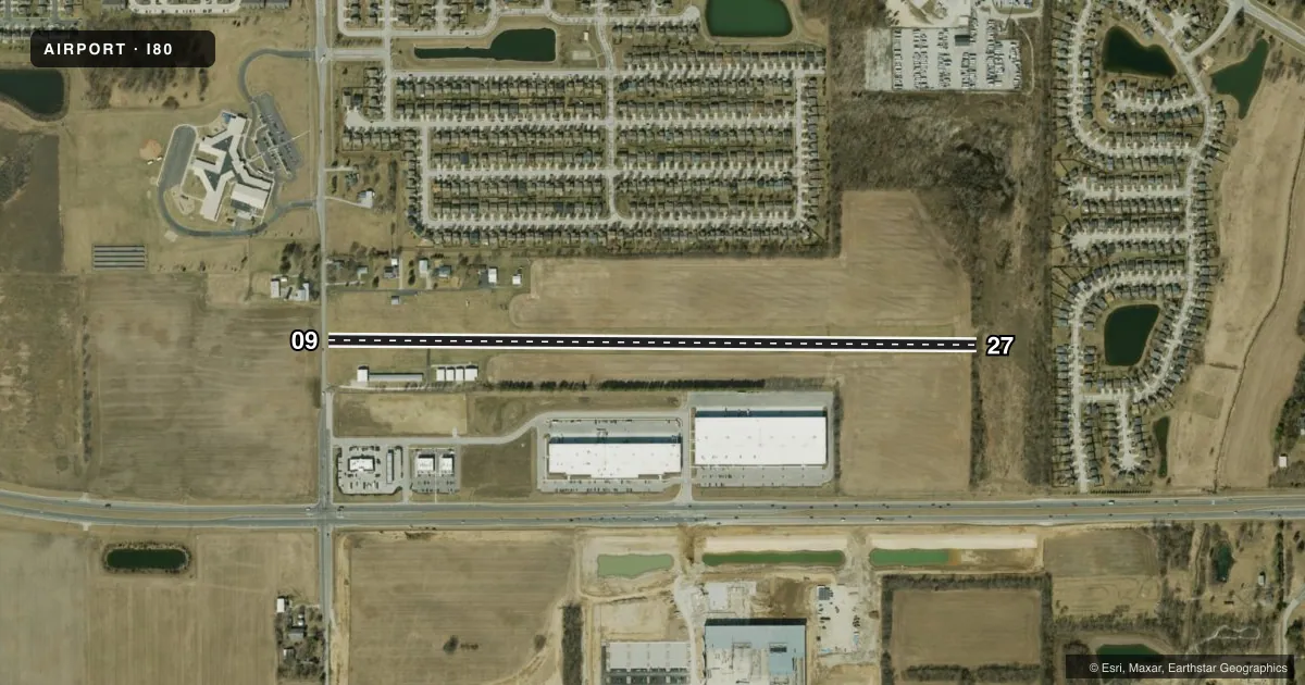Top-down satellite sketch of I80 NOBLESVILLE in NOBLESVILLE, INDIANA, showing runways 09/27 drawn to scale over Esri World Imagery