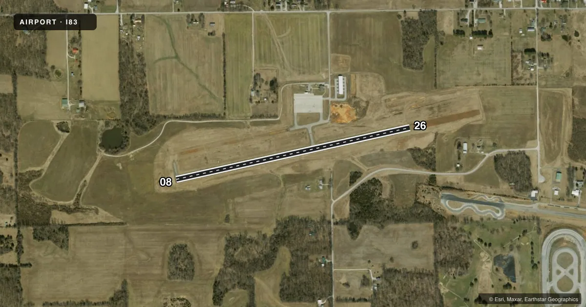 Top-down satellite sketch of I83 SALEM MUNI in SALEM, INDIANA, showing runways 08/26 drawn to scale over Esri World Imagery