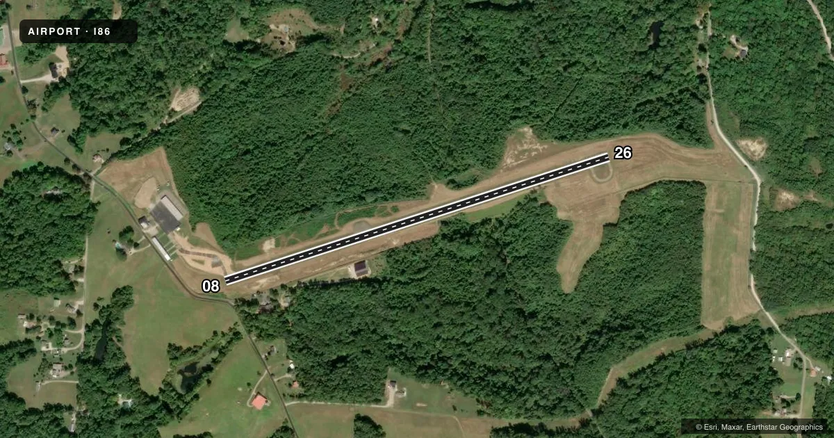 Top-down satellite sketch of I86 ED NEWLON FLD in NEW LEXINGTON, OHIO, showing runways 08/26 drawn to scale over Esri World Imagery