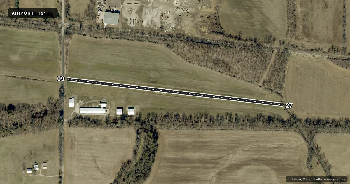 Top-down satellite sketch of I91 BOONVILLE in BOONVILLE, INDIANA, showing runways 09/27 drawn to scale over Esri World Imagery