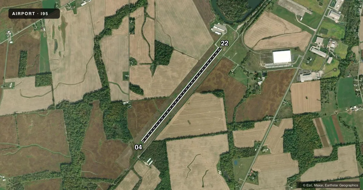Top-down satellite sketch of I95 HARDIN COUNTY in KENTON, OHIO, showing runways 04/22 drawn to scale over Esri World Imagery