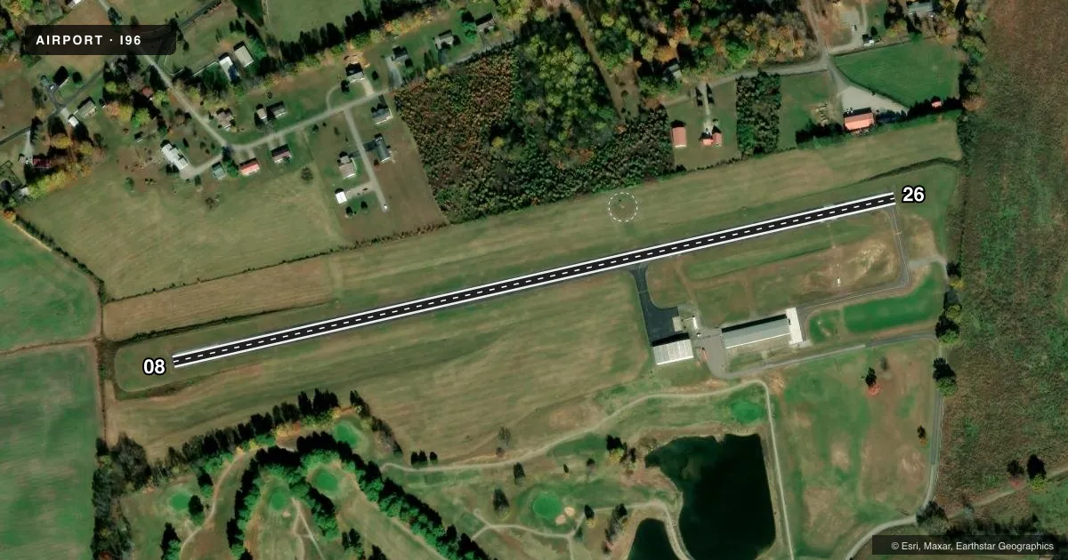 Top-down satellite sketch of I96 COLUMBIA-ADAIR COUNTY in COLUMBIA, KENTUCKY, showing runways 08/26 drawn to scale over Esri World Imagery