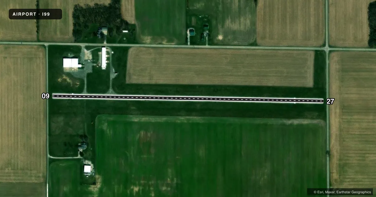 Top-down satellite sketch of I99 ALEXANDRIA in ALEXANDRIA, INDIANA, showing runways 09/27 drawn to scale over Esri World Imagery
