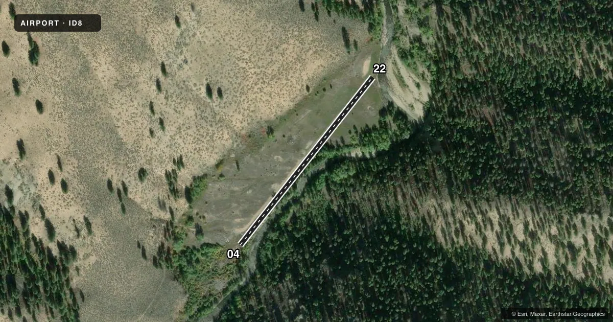 Top-down satellite sketch of ID8 MARBLE CREEK in CHALLIS, IDAHO, showing runways 04/22 drawn to scale over Esri World Imagery