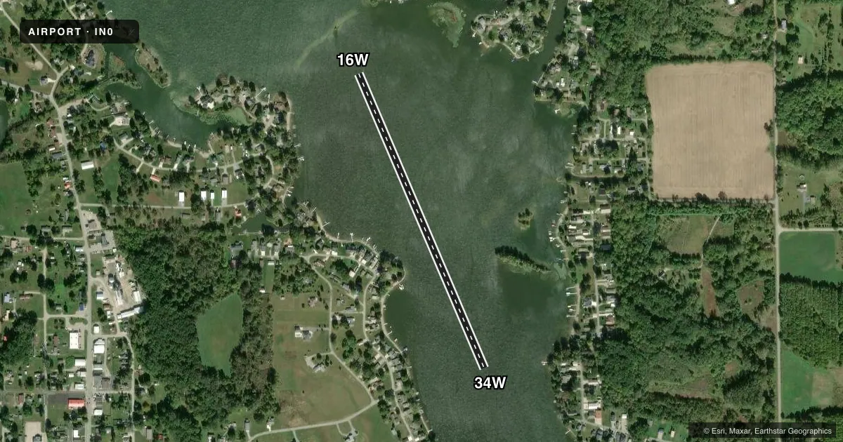 Top-down satellite sketch of IN0 BIG TURKEY LAKE in STROH, INDIANA, showing runways 16W/34W drawn to scale over Esri World Imagery
