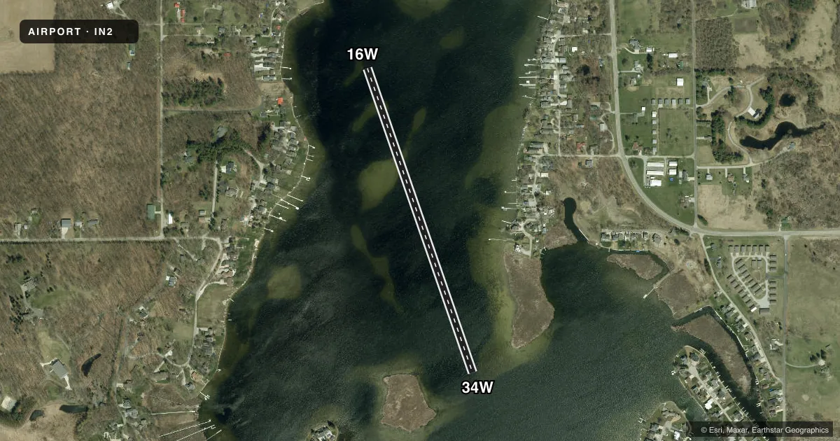 Top-down satellite sketch of IN2 SNOW LAKE in JAMESTOWN, INDIANA, showing runways 16W/34W drawn to scale over Esri World Imagery