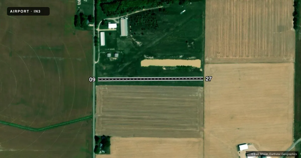 Top-down satellite sketch of IN3 POSEY PATCH in MOUNT VERNON, INDIANA, showing runways 09/27 drawn to scale over Esri World Imagery
