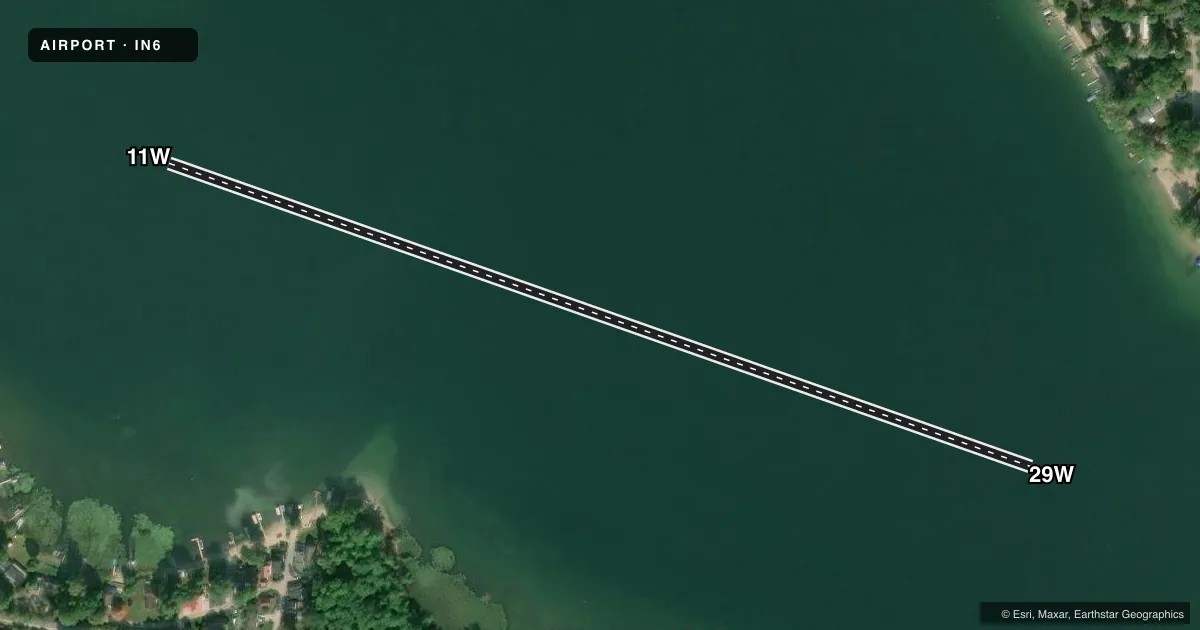 Top-down satellite sketch of IN6 HUDSON LAKE in HUDSON LAKE, INDIANA, showing runways 11W/29W drawn to scale over Esri World Imagery