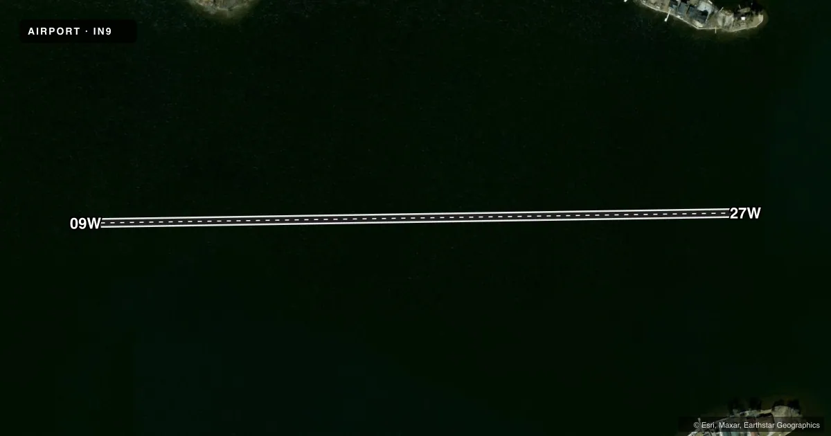 Top-down satellite sketch of IN9 WEBSTER LAKE in NORTH WEBSTER, INDIANA, showing runways 09W/27W drawn to scale over Esri World Imagery