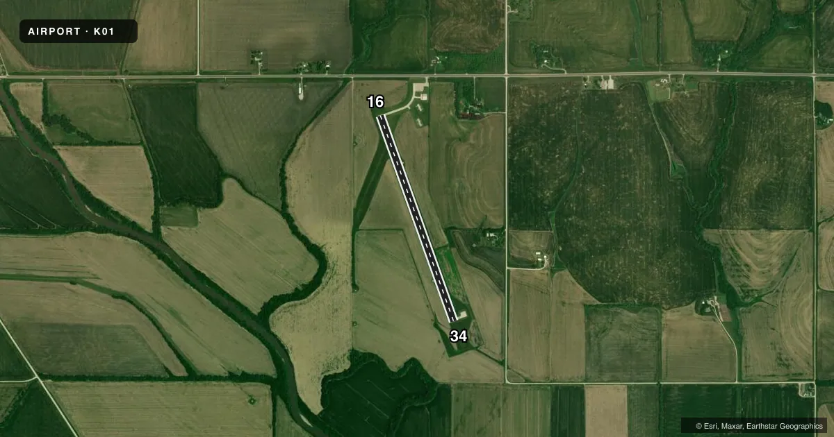 Top-down satellite sketch of K01 FARINGTON FLD in AUBURN, NEBRASKA, showing runways 16/34 drawn to scale over Esri World Imagery