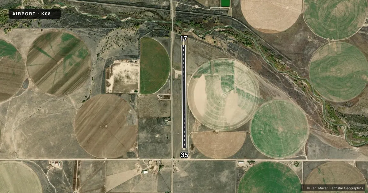 Top-down satellite sketch of K08 HOLLY in HOLLY, COLORADO, showing runways 17/35 drawn to scale over Esri World Imagery