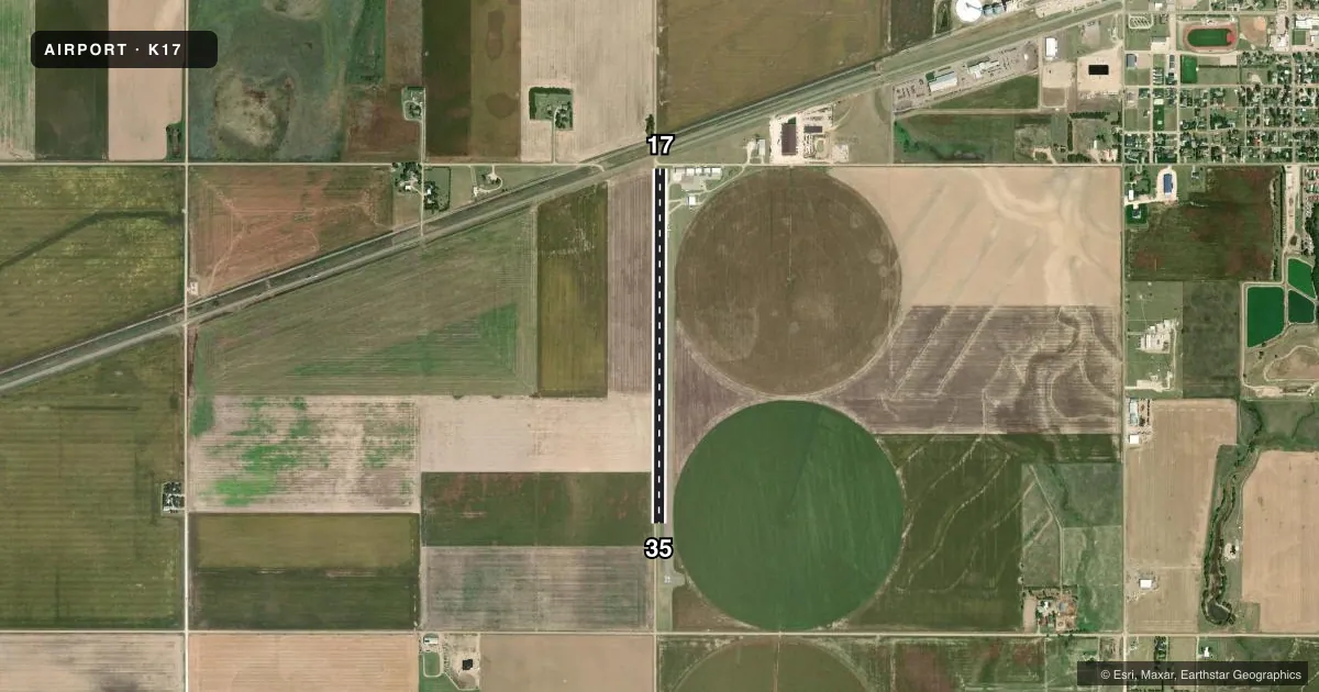 Top-down satellite sketch of K17 MONTEZUMA MUNI in MONTEZUMA, KANSAS, showing runways 17/35 drawn to scale over Esri World Imagery