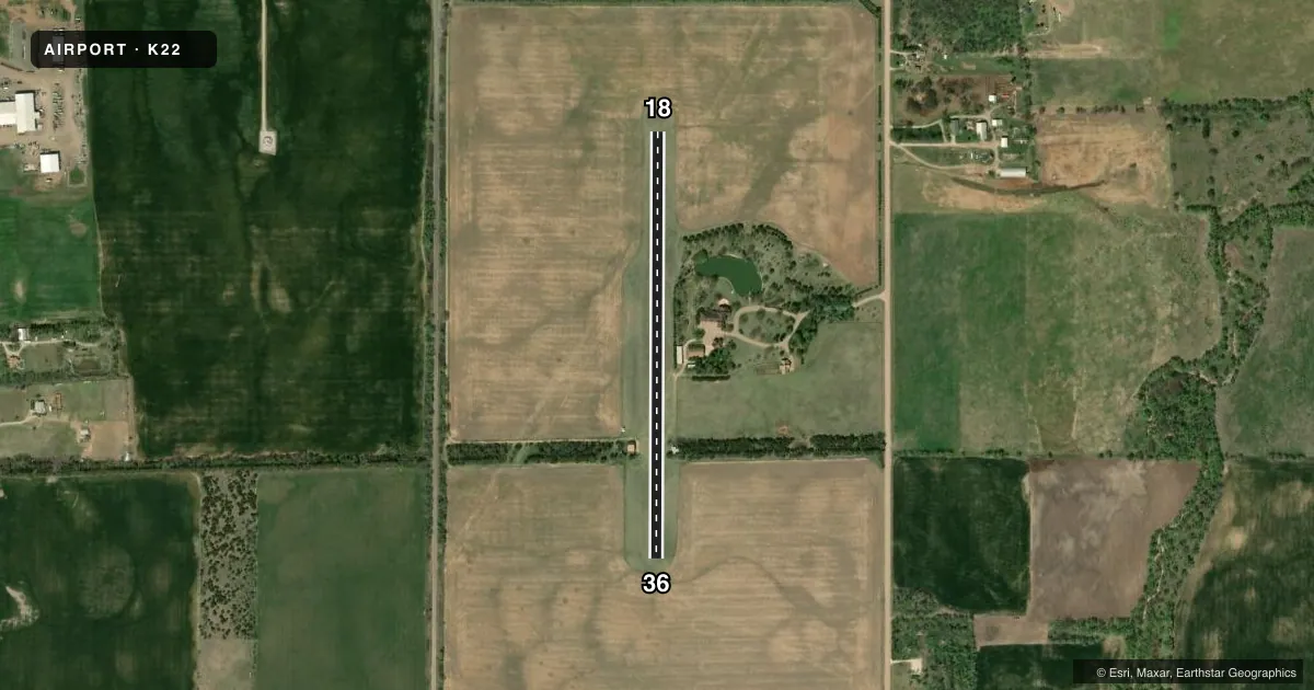 Top-down satellite sketch of K22 MILLS FLD in SOUTH HUTCHINSON, KANSAS, showing runways 18/36 drawn to scale over Esri World Imagery