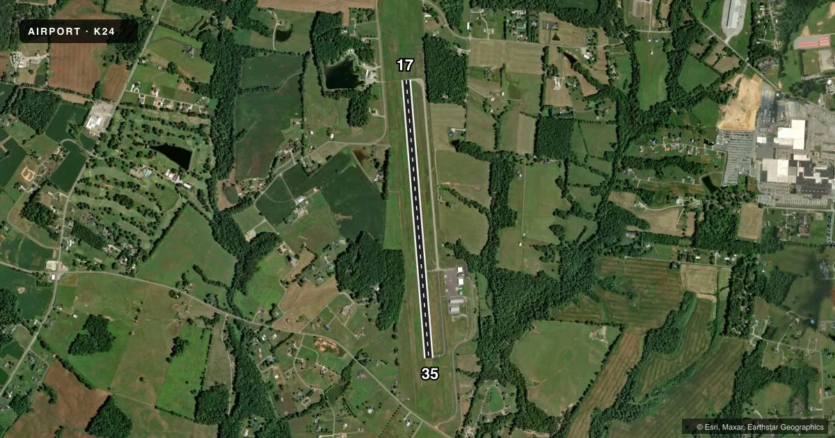Top-down satellite sketch of K24 RUSSELL COUNTY in JAMESTOWN, KENTUCKY, showing runways 17/35 drawn to scale over Esri World Imagery