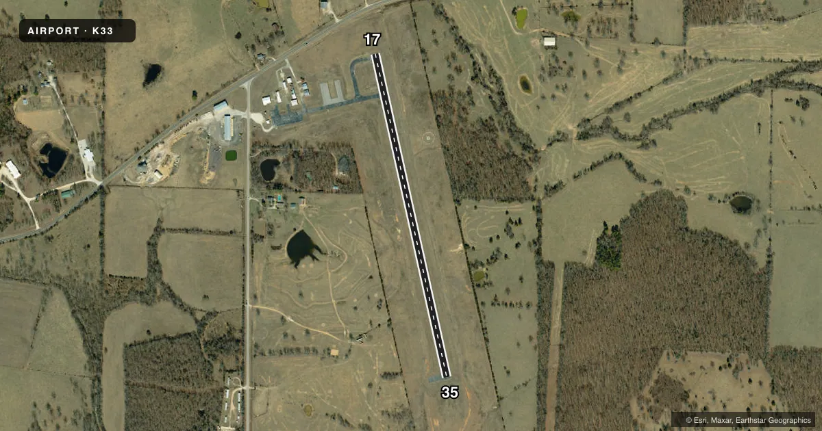 Top-down satellite sketch of K33 SALEM MEML in SALEM, MISSOURI, showing runways 17/35 drawn to scale over Esri World Imagery