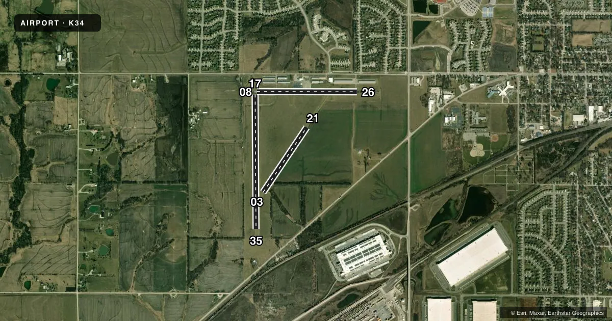 Top-down satellite sketch of K34 GARDNER MUNI in GARDNER, KANSAS, showing runways 17/35, 08/26, 03/21 drawn to scale over Esri World Imagery