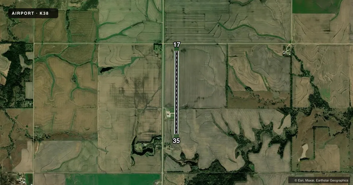 Top-down satellite sketch of K38 WASHINGTON COUNTY VETERAN'S MEML in WASHINGTON, KANSAS, showing runways 17/35 drawn to scale over Esri World Imagery