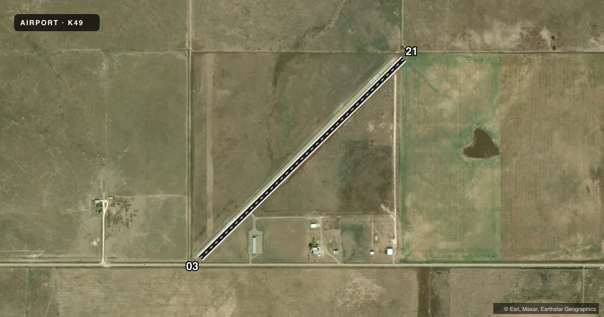 Top-down satellite sketch of K49 TEXHOMA MUNI in TEXHOMA, OKLAHOMA, showing runways 03/21 drawn to scale over Esri World Imagery