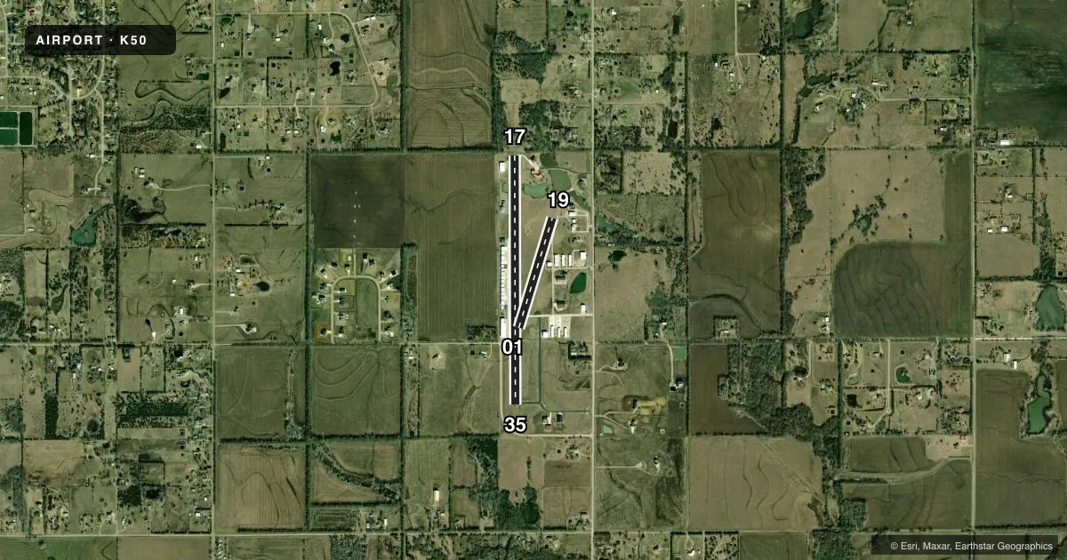 Top-down satellite sketch of K50 COOK AIRFIELD in ROSE HILL, KANSAS, showing runways 17/35, 01/19 drawn to scale over Esri World Imagery