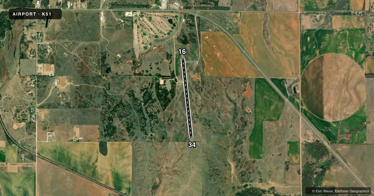 Top-down satellite sketch of K51 MEDICINE LODGE in MEDICINE LODGE, KANSAS, showing runways 16/34 drawn to scale over Esri World Imagery