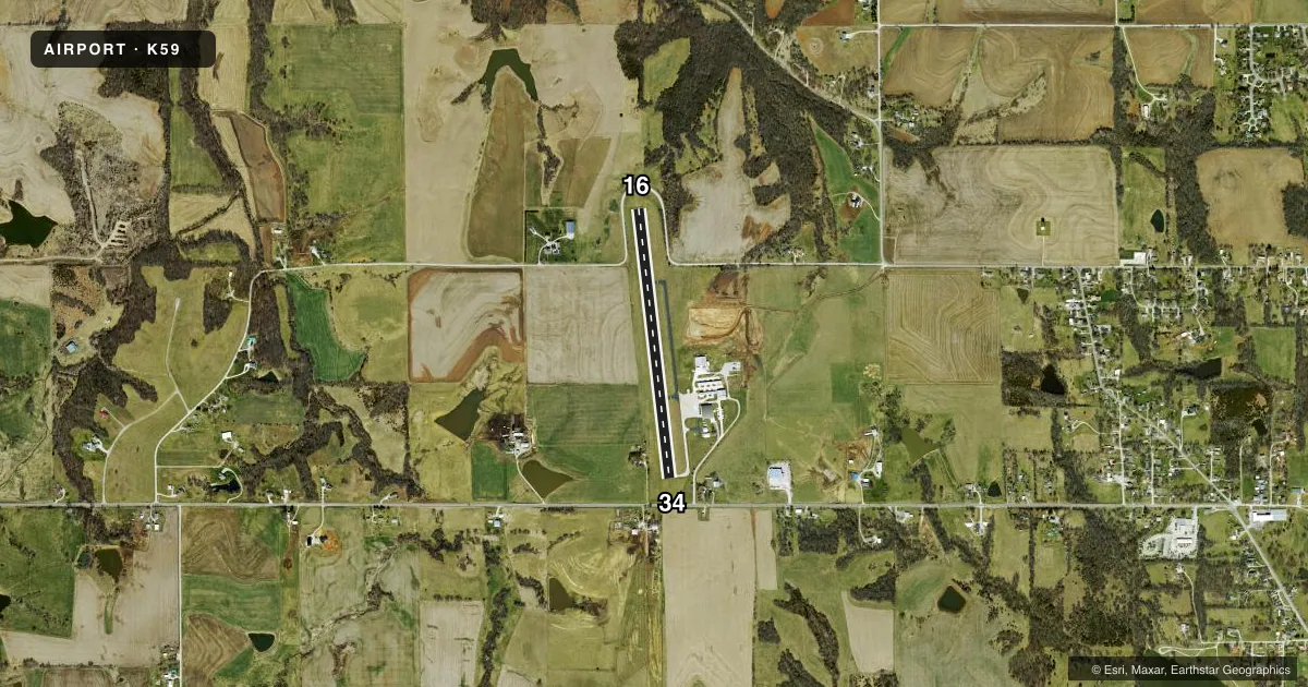 Top-down satellite sketch of K59 AMELIA EARHART in ATCHISON, KANSAS, showing runways 16/34 drawn to scale over Esri World Imagery