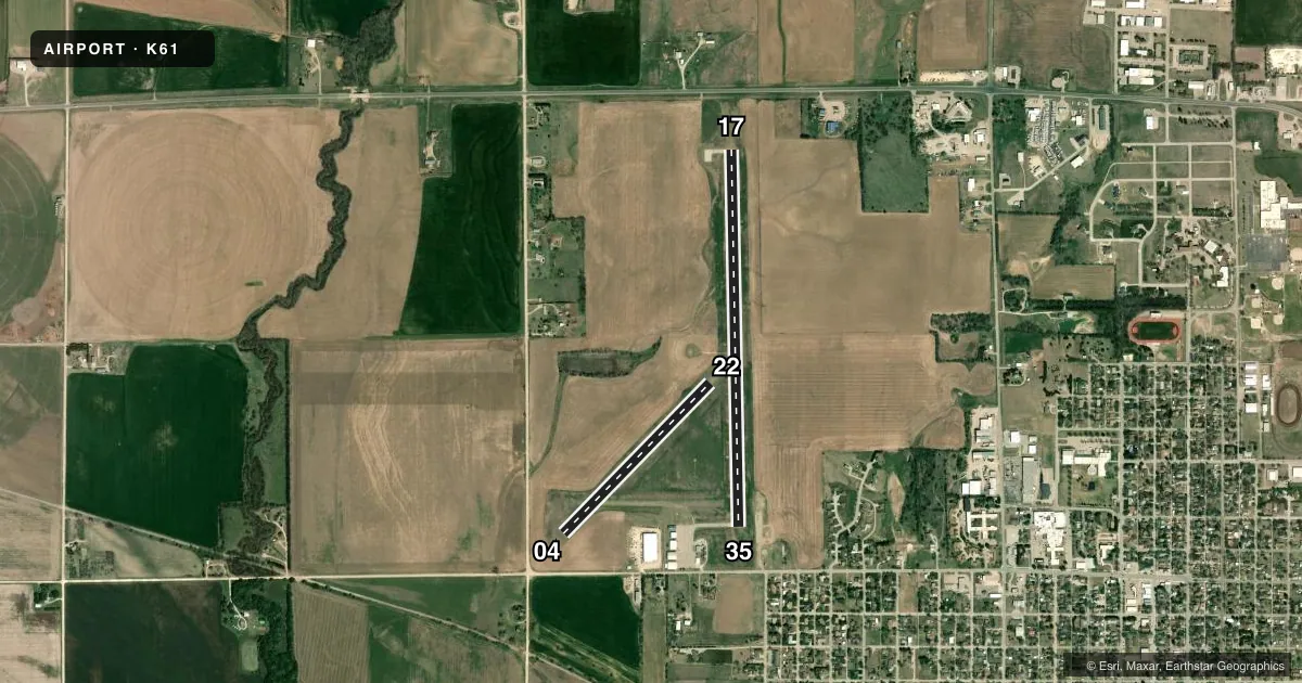 Top-down satellite sketch of K61 MORITZ MEML in BELOIT, KANSAS, showing runways 17/35, 04/22 drawn to scale over Esri World Imagery